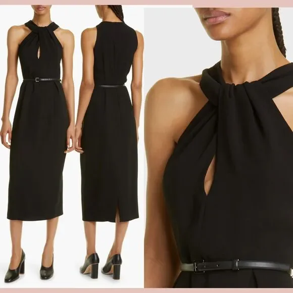 NEW $995 MAX MARA [ 8 US ] Luna Grecian Neck Cady Midi Dress NO‎ BELT Black